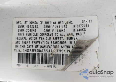 2013 Honda Accord Ex-L V-6 из США, поврежденный, VIN 1HGCR3F89DA022310